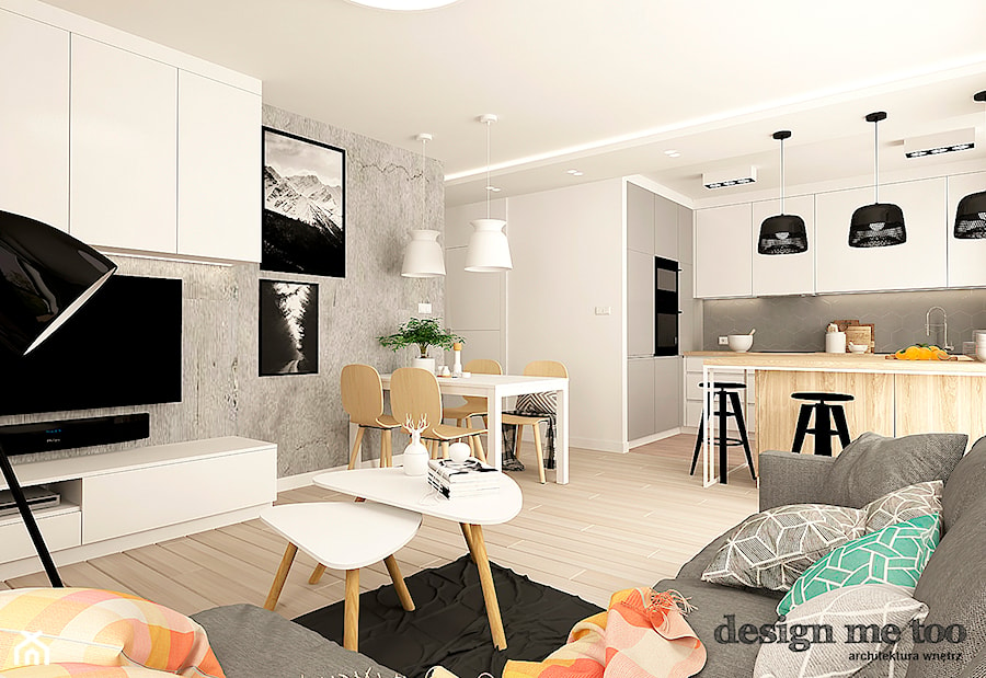 NOWOCZESNY APARTAMENT W PRUSZKOWIE - Biały szary salon z kuchnią z jadalnią, styl nowoczesny - zdjęcie od design me too