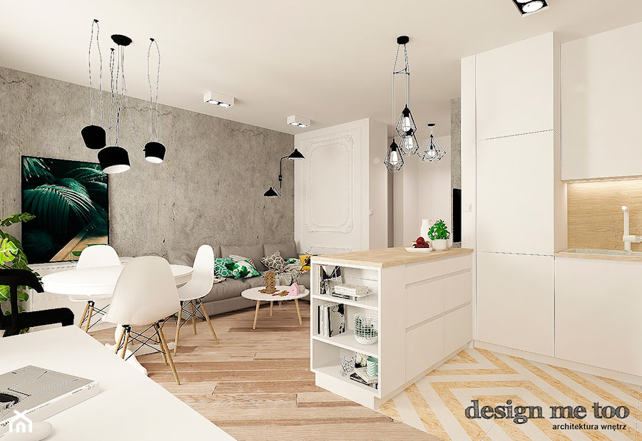 KAWALERKA NA BEMOWIE - Średni biały szary salon z kuchnią z jadalnią, styl nowoczesny - zdjęcie od design me too