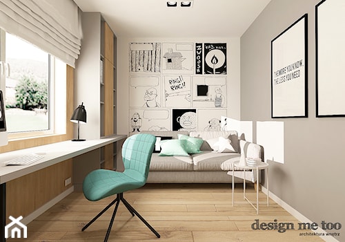 SKANDYNAWSKI DOM W WAWRZE - Średnie w osobnym pomieszczeniu z sofą z zabudowanym biurkiem białe szare biuro, styl skandynawski - zdjęcie od design me too