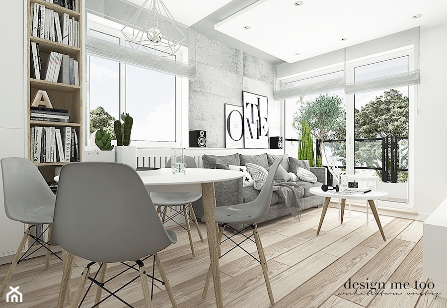 SKANDYNAWSKI WALENDÓW - Mały biały szary salon z jadalnią z tarasem / balkonem, styl skandynawski - zdjęcie od design me too