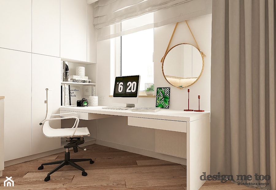 KAWALERKA NA BEMOWIE - Średnie w osobnym pomieszczeniu z zabudowanym biurkiem białe biuro, styl nowoczesny - zdjęcie od design me too