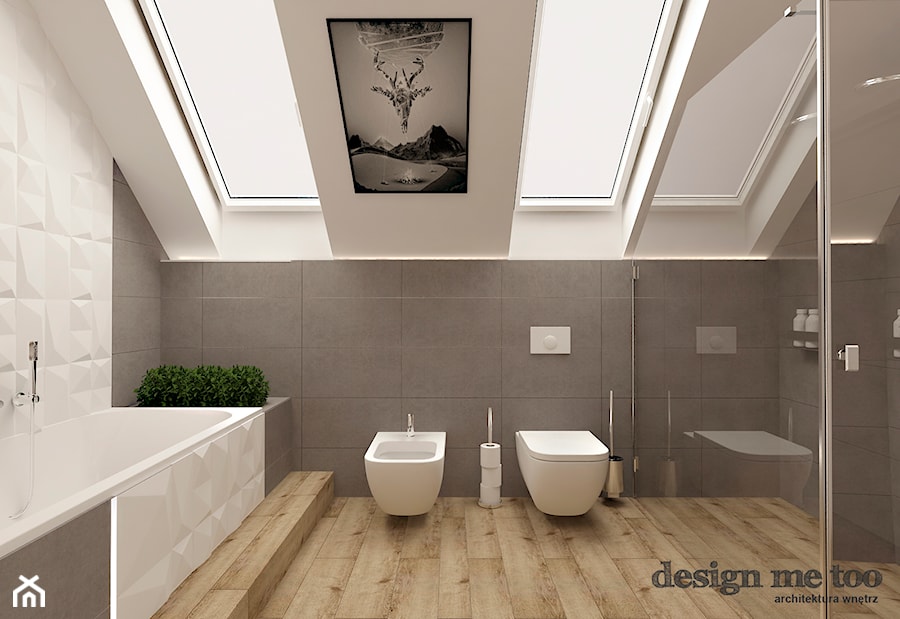 DOM W LESZNOWOLI - Duża na poddaszu jako pokój kąpielowy łazienka z oknem, styl nowoczesny - zdjęcie od design me too