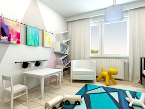 Mieszkanie Rembertów 80 m2 - Duży biały szary z fotelem pokój dziecka dla dziecka dla chłopca dla dziewczynki, styl nowoczesny - zdjęcie od design me too