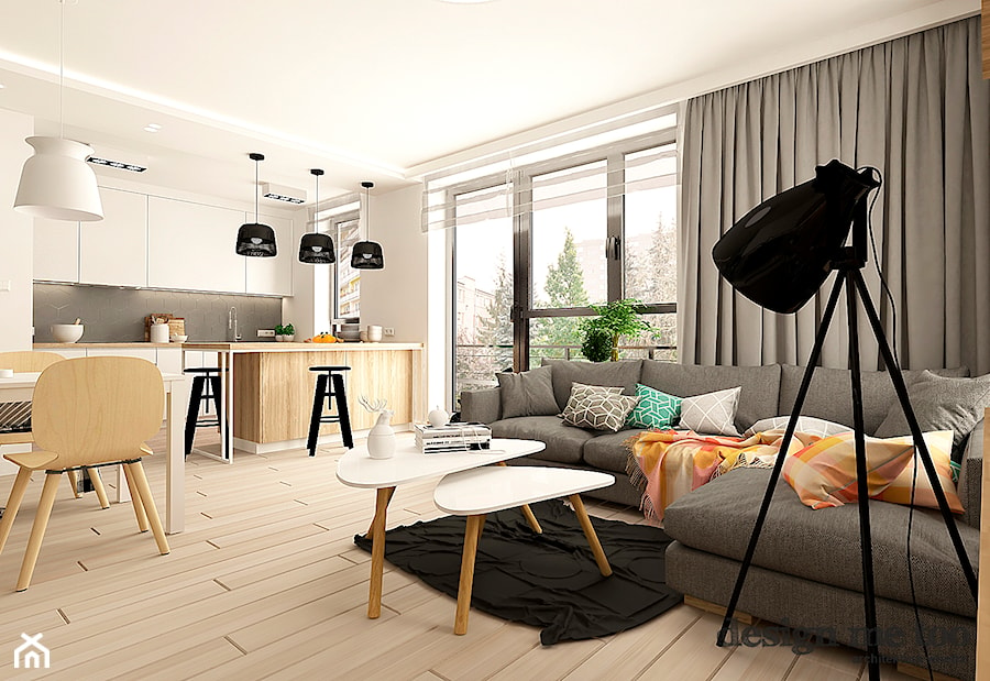 NOWOCZESNY APARTAMENT W PRUSZKOWIE - Średni salon z kuchnią z jadalnią z tarasem / balkonem, styl nowoczesny - zdjęcie od design me too