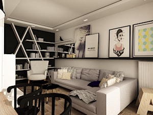 SKANDYNAWIA NA ŻOLIBORZU - Średni biały czarny salon z bibiloteczką, styl skandynawski - zdjęcie od design me too