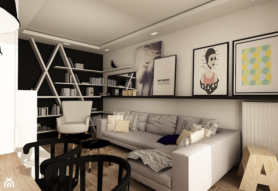 SKANDYNAWIA NA ŻOLIBORZU - Średni biały czarny salon z bibiloteczką, styl skandynawski - zdjęcie od design me too