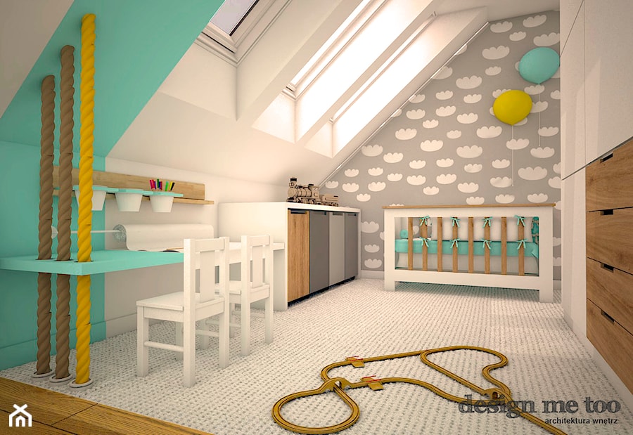 DOM W LESZNOWOLI - Średni biały szary turkusowy pokój dziecka dla niemowlaka dla chłopca, styl nowoczesny - zdjęcie od design me too