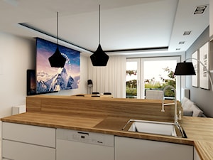 Mieszkanie Rembertów 80 m2 - Mała otwarta biała z podblatowym zlewozmywakiem kuchnia w kształcie litery l z wyspą lub półwyspem, styl nowoczesny - zdjęcie od design me too