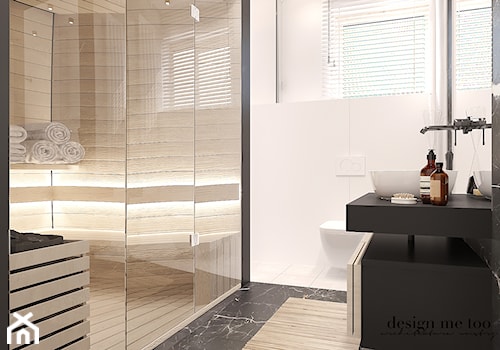 NOWOCZESNY DOM WYGLĘDY - Mała z lustrem z marmurową podłogą z punktowym oświetleniem łazienka, styl nowoczesny - zdjęcie od design me too