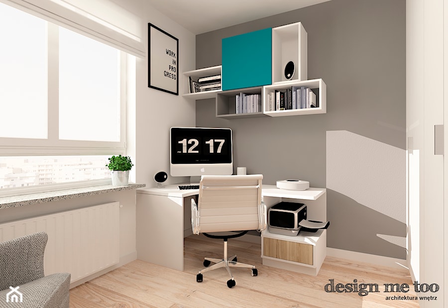 SZCZYPTA KOLORU NA SZCZĘŚLIWICACH - Małe białe szare biuro, styl nowoczesny - zdjęcie od design me too