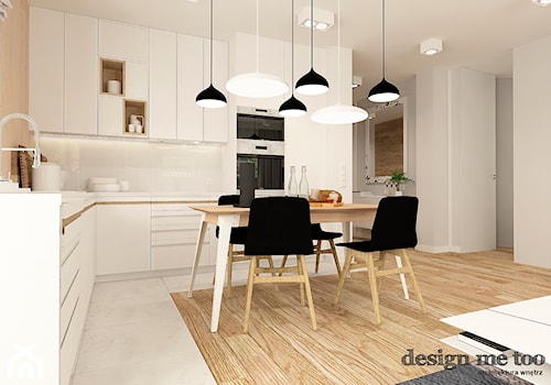 APARTAMENT W RUMI - Średnia otwarta z salonem beżowa biała z zabudowaną lodówką kuchnia w kształcie litery l, styl nowoczesny - zdjęcie od design me too