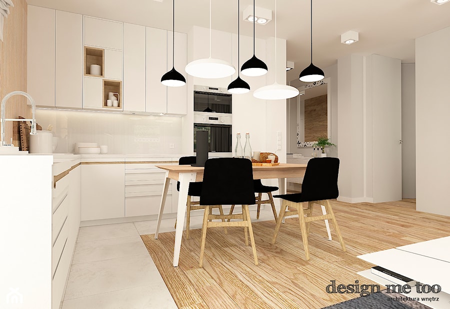 APARTAMENT W RUMI - Średnia otwarta z salonem beżowa biała z zabudowaną lodówką kuchnia w kształcie litery l, styl nowoczesny - zdjęcie od design me too