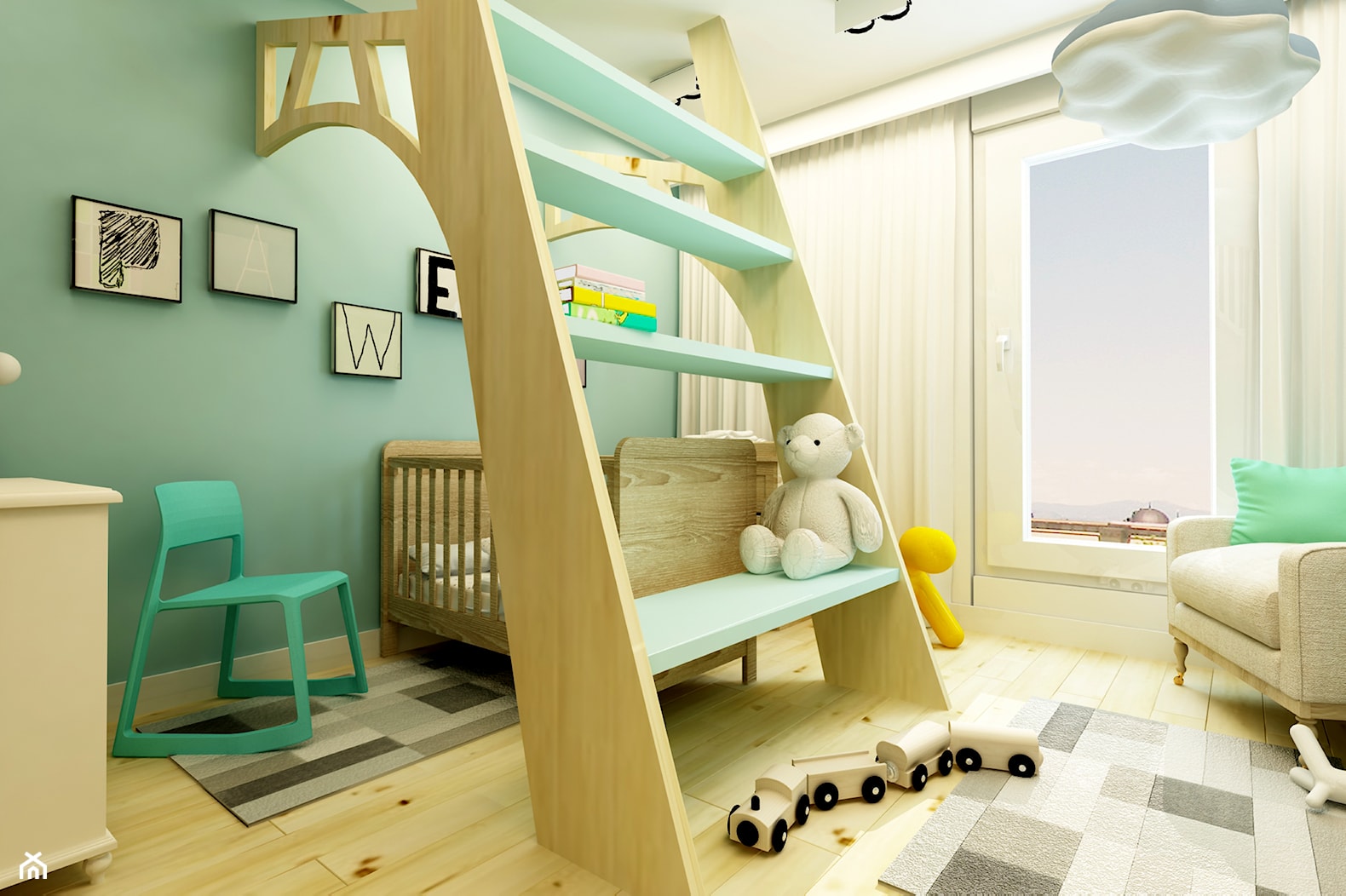 POKÓJ PAWEŁKA - Mały biały zielony z drabinkami pokój dziecka dla niemowlaka dla chłopca dla dziewcz ... - zdjęcie od design me too - Homebook