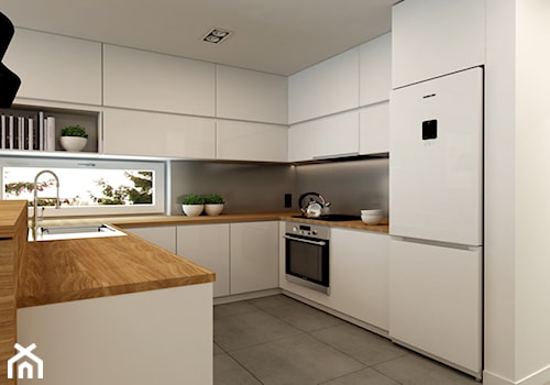 Mieszkanie Rembertów 80 m2 - Średnia otwarta szara z zabudowaną lodówką kuchnia w kształcie litery l ... - zdjęcie od design me too