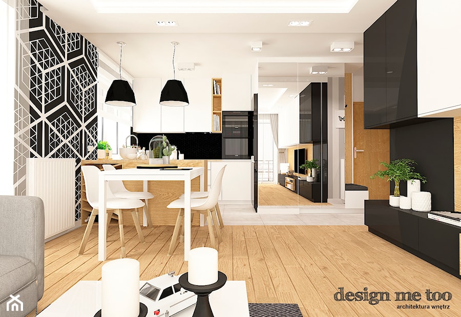 NOWOCZESNE MIESZKANIE NA MOKOTOWIE - Średnia biała czarna jadalnia w salonie w kuchni, styl nowoczesny - zdjęcie od design me too