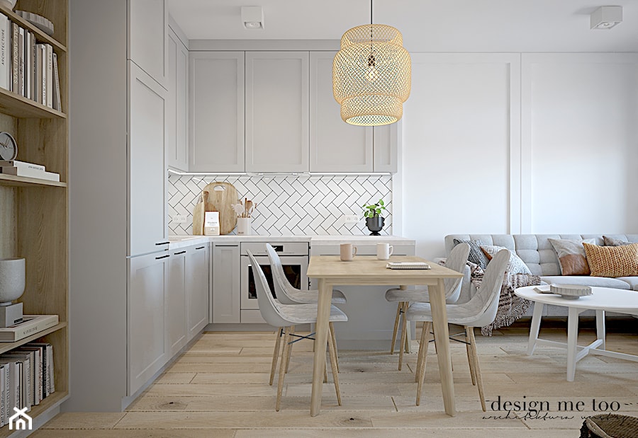 STARA OCHOTA 16 M2 - Mała biała jadalnia w salonie w kuchni, styl skandynawski - zdjęcie od design me too