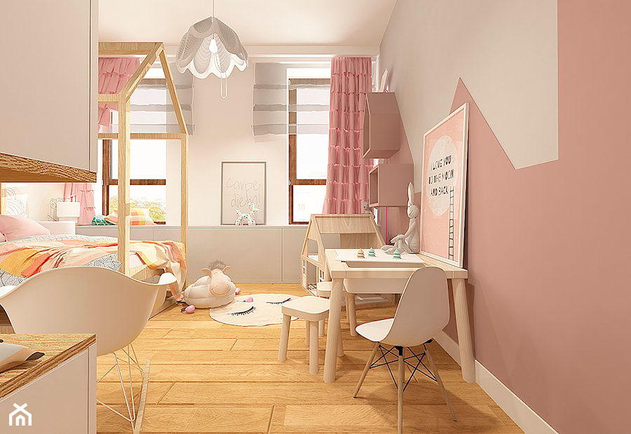 NOWOCZESNY APARTAMENT W PRUSZKOWIE WERSJA II - Średni różowy szary pokój dziecka dla dziecka dla dziewczynki, styl nowoczesny - zdjęcie od design me too