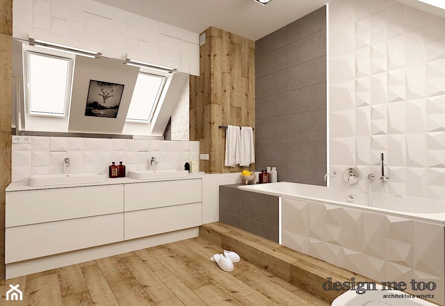 DOM W LESZNOWOLI - Duża na poddaszu jako pokój kąpielowy z punktowym oświetleniem łazienka z oknem, styl nowoczesny - zdjęcie od design me too