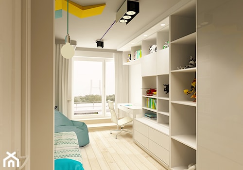 APARTAMENT NA GOCŁAWIU 120 m2 - Mały biały turkusowy pokój dziecka dla nastolatka dla chłopca, styl nowoczesny - zdjęcie od design me too