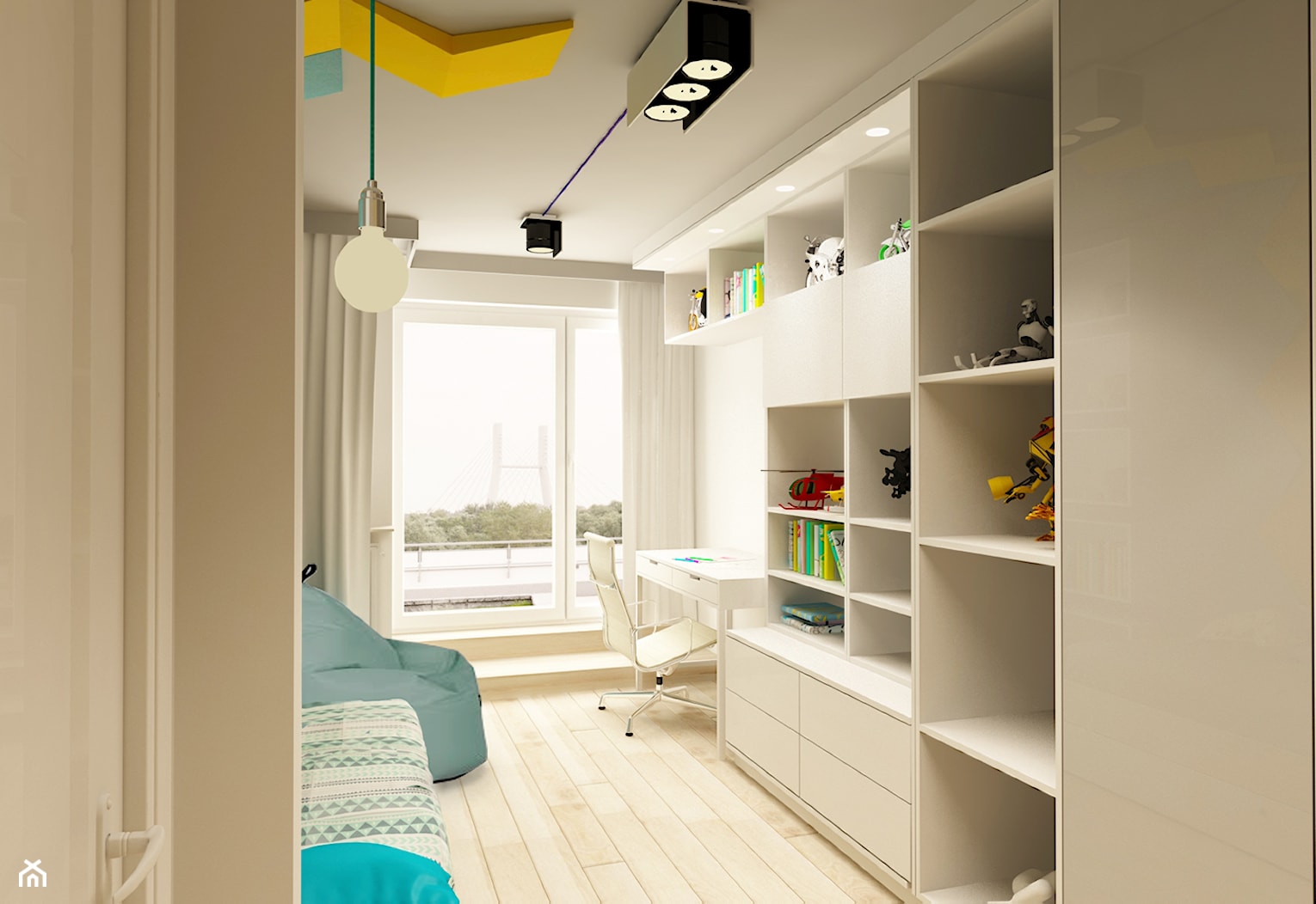 APARTAMENT NA GOCŁAWIU 120 m2 - Mały biały turkusowy pokój dziecka dla nastolatka dla chłopca, styl ... - zdjęcie od design me too - Homebook