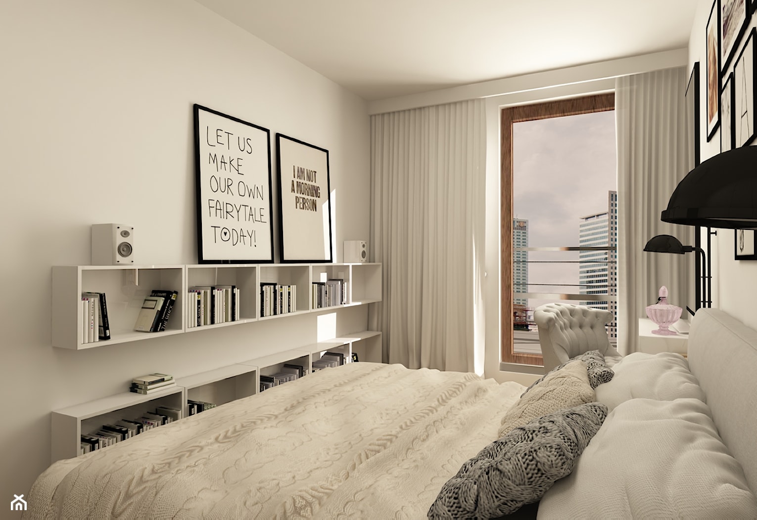SKANDYNAWIA NA ŻOLIBORZU - Średnia biała sypialnia z balkonem / tarasem, styl skandynawski - zdjęcie od design me too - Homebook
