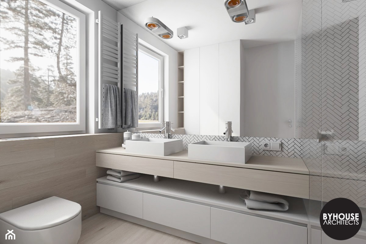 scandiHOUSE - Średnia na poddaszu z dwoma umywalkami łazienka z oknem, styl skandynawski - zdjęcie od BYHOUSE ARCHITECTS - Homebook