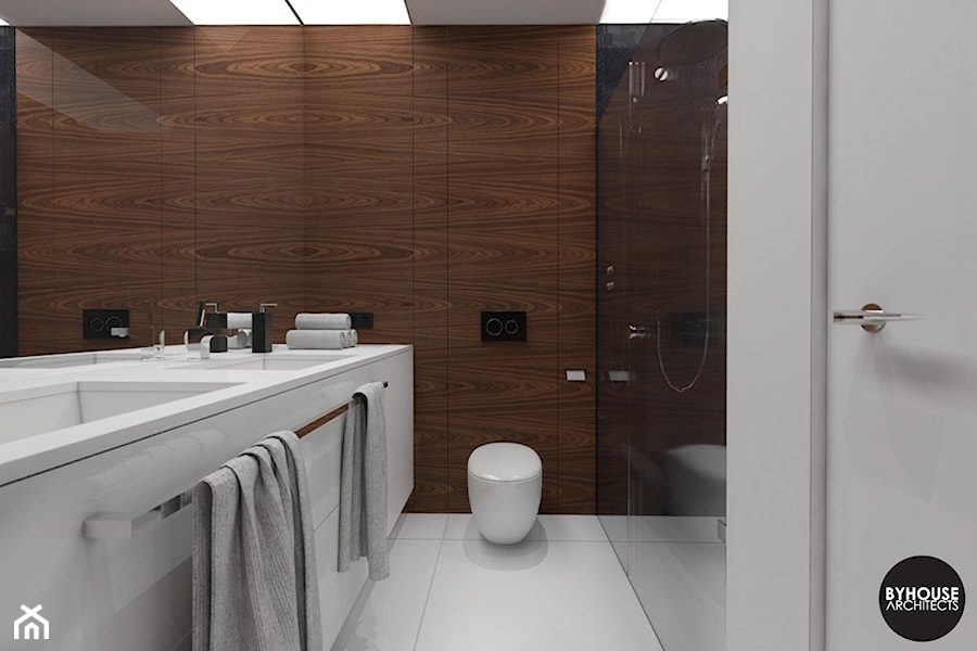 nowoczesnyMINIMALIZM - Mała na poddaszu bez okna z dwoma umywalkami łazienka, styl nowoczesny - zdjęcie od BYHOUSE ARCHITECTS