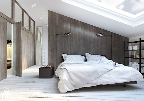 Średnia sypialnia na poddaszu z garderobą - zdjęcie od Będkowska Studio