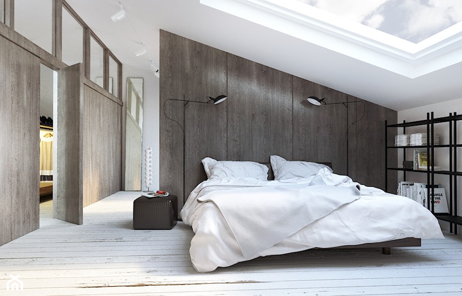 Średnia sypialnia na poddaszu z garderobą - zdjęcie od Będkowska Studio
