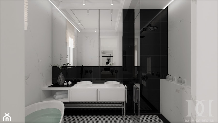 BLACK&WHITE - Średnia bez okna z lustrem z dwoma umywalkami z punktowym oświetleniem łazienka, styl nowoczesny - zdjęcie od DALMIKO DESIGN Pracownia Projektowa