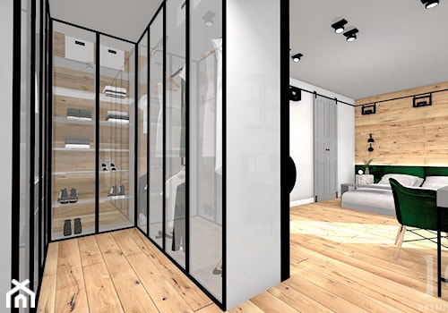 INDUSTRIALNE MIESZKANIE - Mała otwarta garderoba przy sypialni, styl industrialny - zdjęcie od DALMIKO DESIGN Pracownia Projektowa