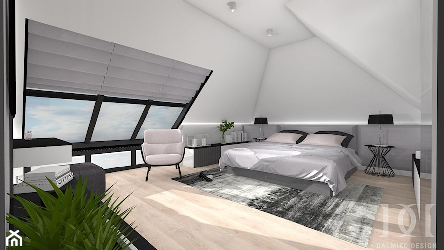 DOM NAD BRZEGIEM JEZIORA - Średnia biała szara sypialnia na poddaszu, styl nowoczesny - zdjęcie od DALMIKO DESIGN Pracownia Projektowa
