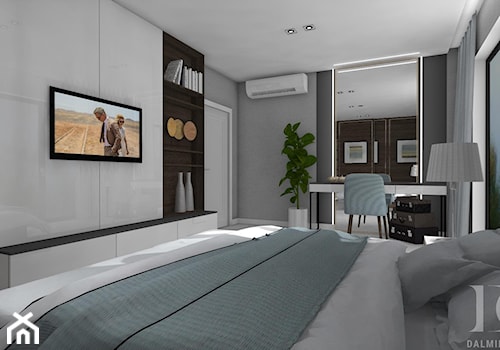 DOM GLOBTROTERÓW - Średnia biała szara sypialnia z balkonem / tarasem, styl nowoczesny - zdjęcie od DALMIKO DESIGN Pracownia Projektowa