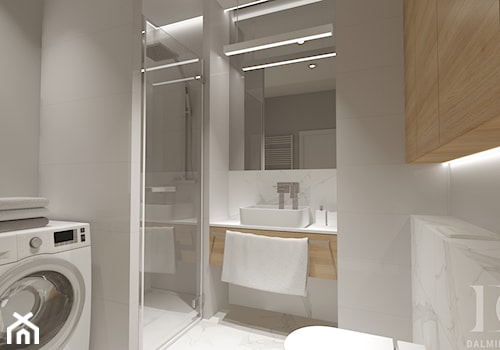 APARTAMENT DWUPOZIOMOWY - Średnia bez okna z pralką / suszarką z marmurową podłogą łazienka, styl nowoczesny - zdjęcie od DALMIKO DESIGN Pracownia Projektowa
