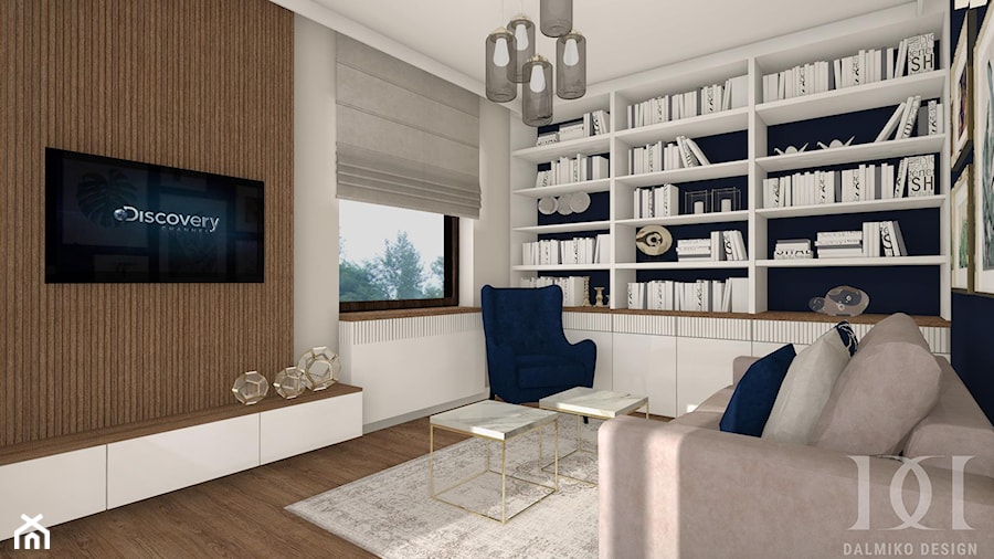 DOM PRZYJAZNY - Średnie z sofą białe niebieskie biuro, styl nowoczesny - zdjęcie od DALMIKO DESIGN Pracownia Projektowa