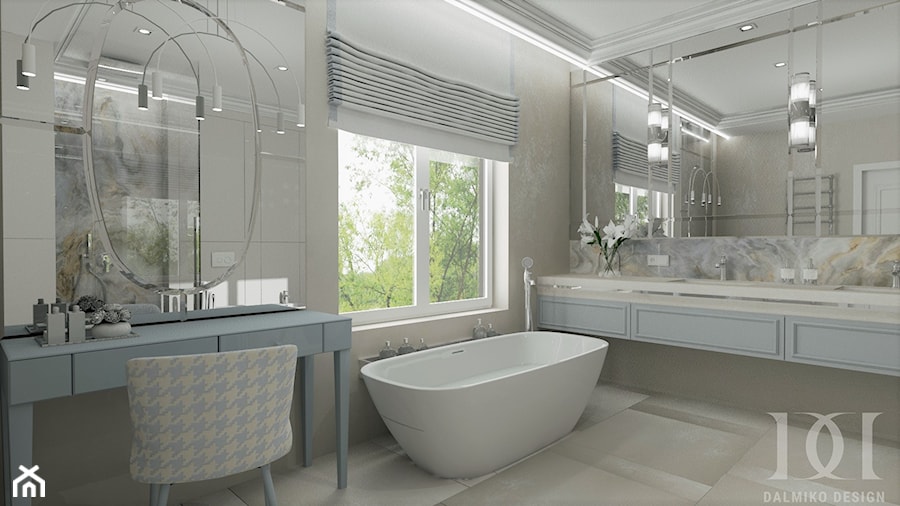 HOLLYWOODZKI SZNYT - Duża jako pokój kąpielowy z lustrem z punktowym oświetleniem łazienka z oknem, styl nowoczesny - zdjęcie od DALMIKO DESIGN Pracownia Projektowa