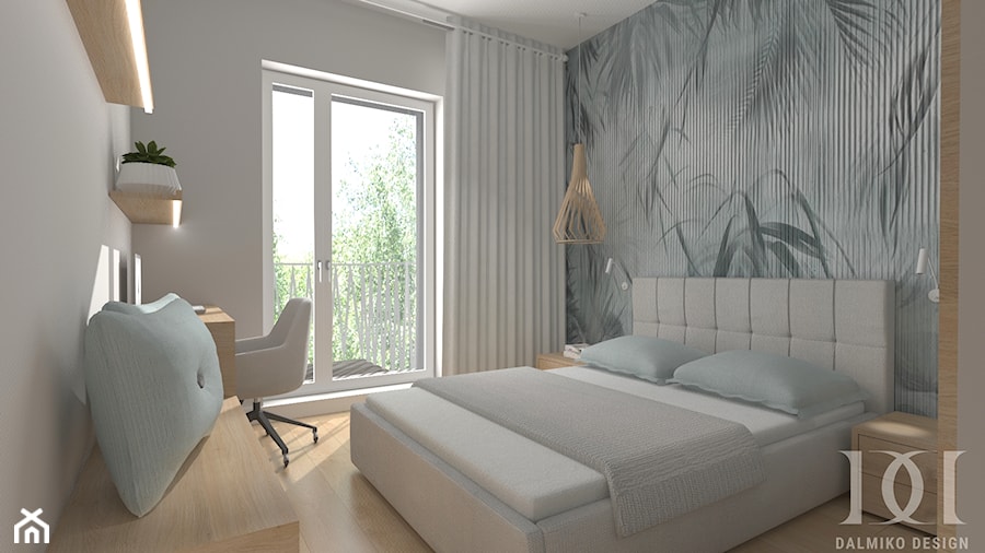 APARTAMENT DWUPOZIOMOWY - Średnia beżowa sypialnia z balkonem / tarasem, styl nowoczesny - zdjęcie od DALMIKO DESIGN Pracownia Projektowa