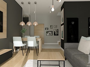APARTAMENT DWUPOZIOMOWY - Średni czarny szary salon z kuchnią z jadalnią, styl nowoczesny - zdjęcie od DALMIKO DESIGN Pracownia Projektowa