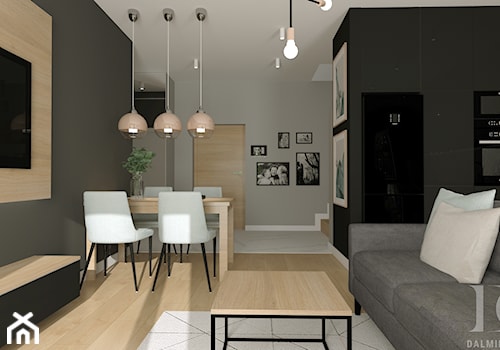 APARTAMENT DWUPOZIOMOWY - Średni czarny szary salon z kuchnią z jadalnią, styl nowoczesny - zdjęcie od DALMIKO DESIGN Pracownia Projektowa