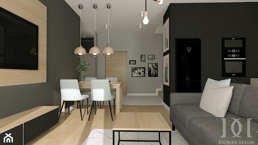 APARTAMENT DWUPOZIOMOWY - Średni czarny szary salon z kuchnią z jadalnią, styl nowoczesny - zdjęcie od DALMIKO DESIGN Pracownia Projektowa