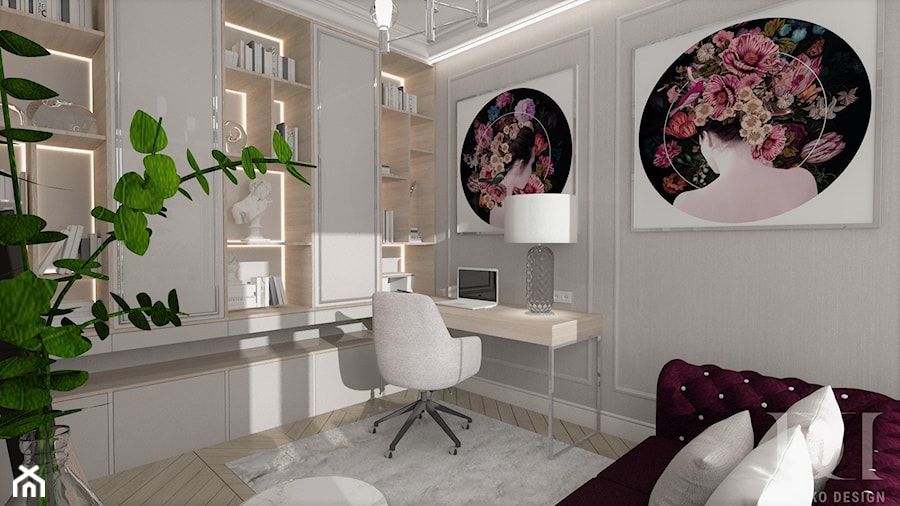 HOLLYWOODZKI SZNYT - Średnie w osobnym pomieszczeniu z sofą z zabudowanym biurkiem szare biuro, styl nowoczesny - zdjęcie od DALMIKO DESIGN Pracownia Projektowa