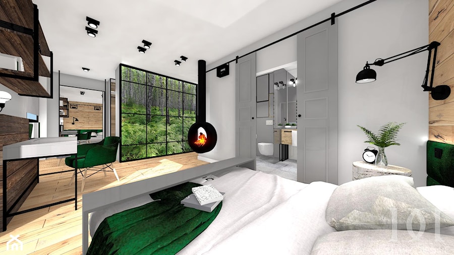 INDUSTRIALNE MIESZKANIE - Średnia biała szara z biurkiem sypialnia z łazienką, styl industrialny - zdjęcie od DALMIKO DESIGN Pracownia Projektowa