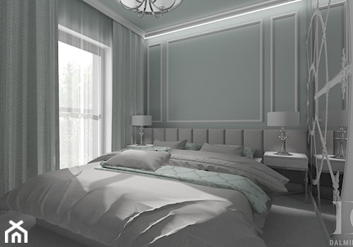 PUDROWA SZKATUŁKA - Średnia biała szara sypialnia z balkonem / tarasem - zdjęcie od DALMIKO DESIGN Pracownia Projektowa