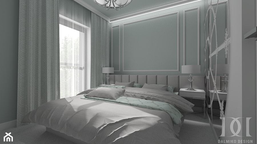 PUDROWA SZKATUŁKA - Średnia biała szara sypialnia z balkonem / tarasem - zdjęcie od DALMIKO DESIGN Pracownia Projektowa