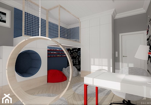 HOLLYWOODZKI SZNYT - Duży szary niebieski pokój dziecka dla dziecka dla nastolatka dla chłopca, styl nowoczesny - zdjęcie od DALMIKO DESIGN Pracownia Projektowa