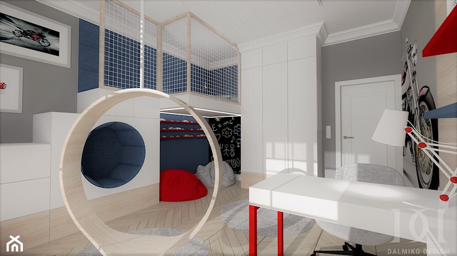 HOLLYWOODZKI SZNYT - Duży szary niebieski pokój dziecka dla dziecka dla nastolatka dla chłopca, styl nowoczesny - zdjęcie od DALMIKO DESIGN Pracownia Projektowa