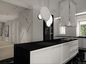 BLACK&WHITE - Duża otwarta z kamiennym blatem biała czarna z zabudowaną lodówką kuchnia w kształcie litery l z wyspą lub półwyspem z oknem z marmurową podłogą, styl nowoczesny - zdjęcie od DALMIKO DESIGN Pracownia Projektowa