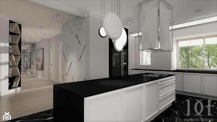 BLACK&WHITE - Duża otwarta z kamiennym blatem biała czarna z zabudowaną lodówką kuchnia w kształcie litery l z wyspą lub półwyspem z oknem z marmurową podłogą, styl nowoczesny - zdjęcie od DALMIKO DESIGN Pracownia Projektowa
