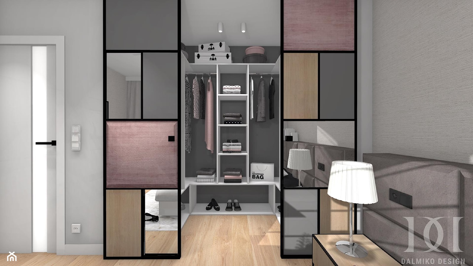 MIESZKANIE Z DREWNEM - Mała otwarta garderoba przy sypialni, styl nowoczesny - zdjęcie od DALMIKO DESIGN Pracownia Projektowa - Homebook