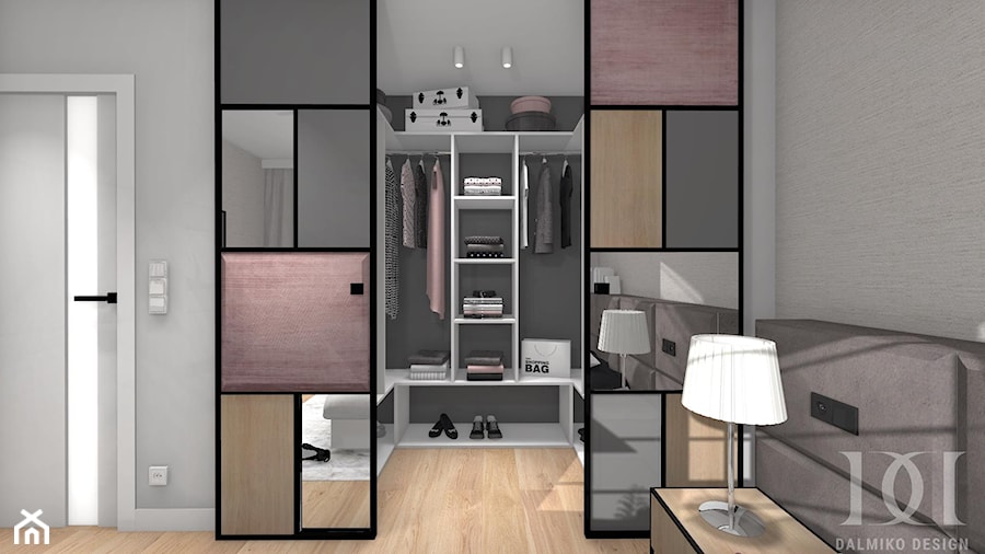 MIESZKANIE Z DREWNEM - Mała otwarta garderoba przy sypialni, styl nowoczesny - zdjęcie od DALMIKO DESIGN Pracownia Projektowa